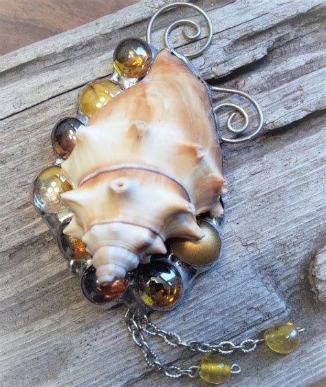 Rustic Gold Seashell Stained Glass Wire Ornament Suncatcher Etsy Gold Seashells Stained