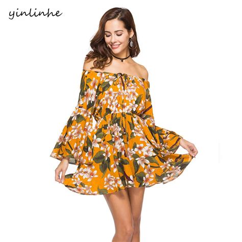 Yinlinhe Print Slash Neck Dress Summer Off Shoulder Sexy Lace Up Beach Dress Women Boho Cotton