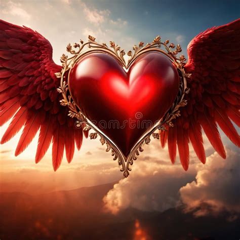 Heart With Wings Flying In Sky Romantic Love Soaring Stock