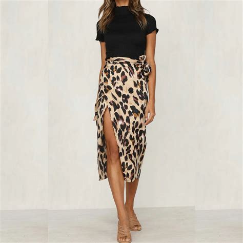 Wipalo Waist Knot Leopard Print Elegant Skirt Women Clothes Mid Calf