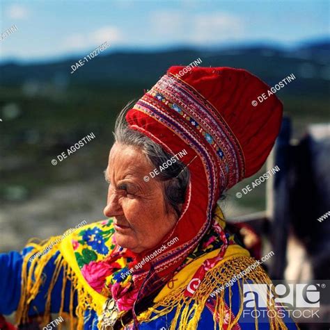 Sami Laplander Woman Wearing Traditional Clothes And Hats Kautokeino