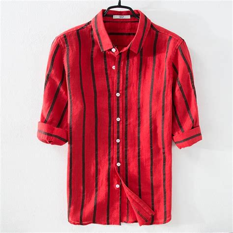 Summer New Large Striped Linen Half Sleeve Shirt Men Breathable Retro