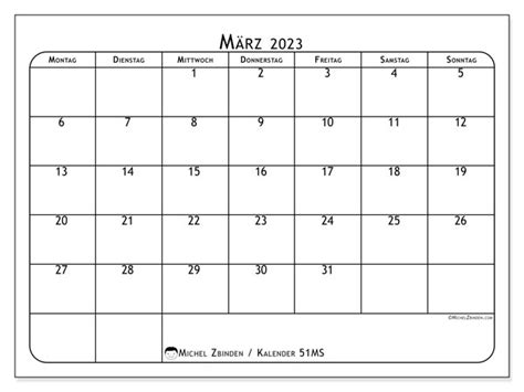 Kalender März 2023 Zum Ausdrucken “51ms” Michel Zbinden Lu