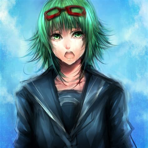 Safebooru Bust Female Glasses Green Eyes Green Hair Gumi Open Mouth