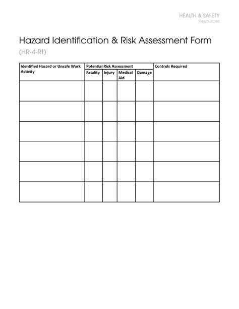 Hazard Identification And Risk Assessment Form Health And Safety
