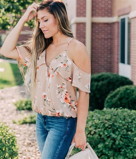 Willow And Root Floral Cold Shoulder Top Womens Shirtsblouses In Tan Buckle Floral Cold