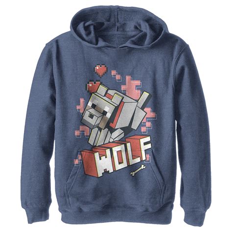 Boys Minecraft Wolf Pull Over Hoodie Navy Blue Heather Small