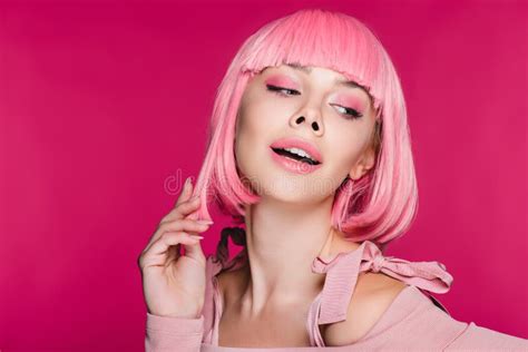 Sensual Stylish Girl Posing In Pink Wig Isolated Stock Image Image Of Beauty Posing 155838357