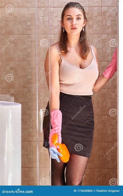la criada sexy está limpiando en el baño foto de archivo imagen de despedregadora detergente