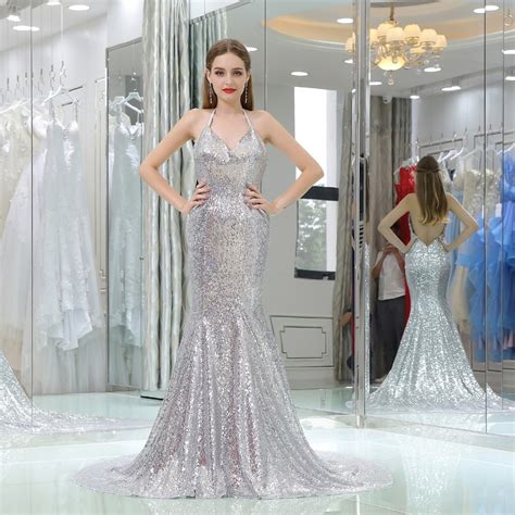 Angelsbridep Sexy Silver 2018 Prom Dresses Halter Neck Mermaid Sequined