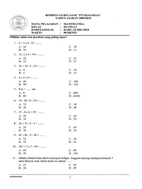 Soal Latihan Matematika Kelas 3 Semester 2