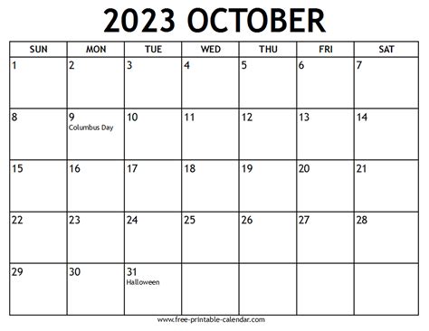 Printable 2023 October Calendar Free Printable