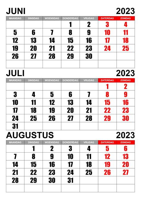 Kalender Juni Juli Augustus 2023