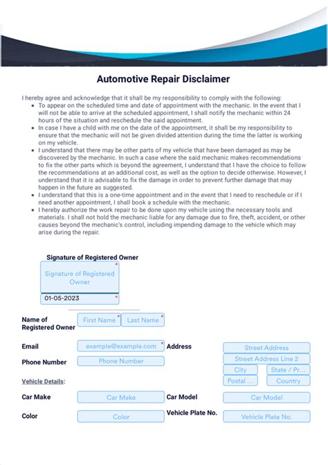 Automotive Repair Disclaimer Template Sign Templates Jotform
