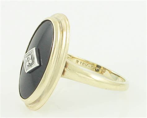 Vintage Onyx Diamond Ring 10k Yellow Gold Black Onyx Art Deco Ladies
