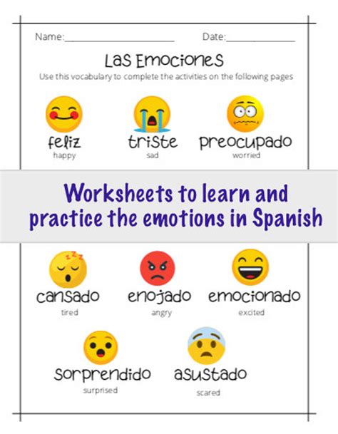 Spanish Vocab Emotions Printable Worksheets Etsy Uk