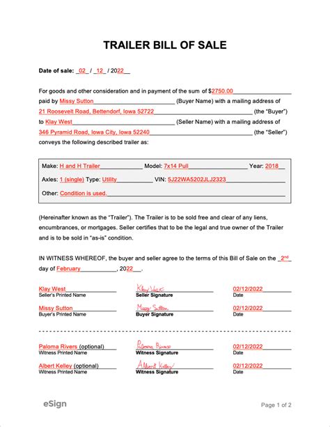 Bill Of Sale Form For Trailer