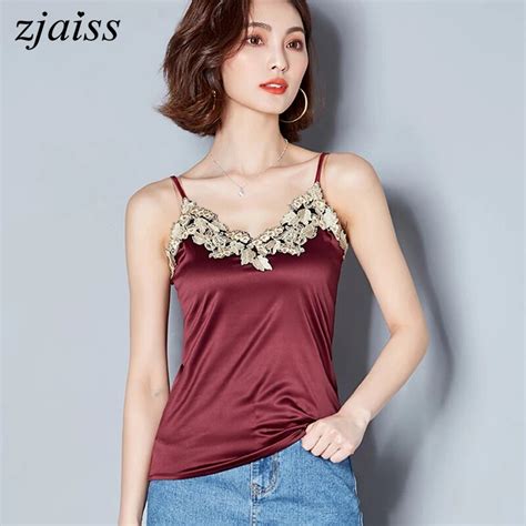 Lace Trim Double V Neck Satin Silk Top Sexy Tops For Women Fitness Tank