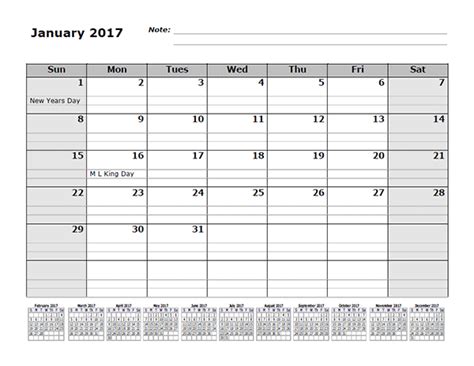 2017 Monthly Calendar Template With 12 Months References Free