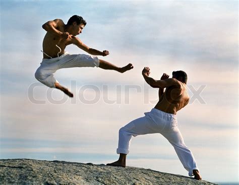 Karate Champion Doing Flying Kick Stock Photo Colourbox