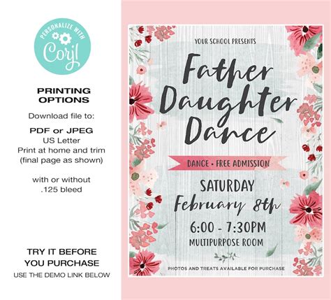 Father Daughter Dance Flyer Template Girl Themed Etsy