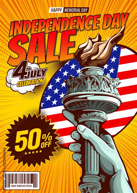 Hand Of The Statue Of Liberty Independence Day Sale Comic Book Cover Template On Yellow