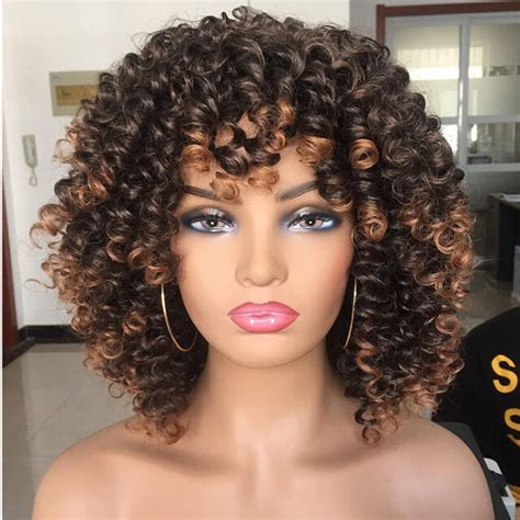 Afro Kinky Curly Bob Wigs With Bangs Synthetic Ombre Black Bob Wigs For