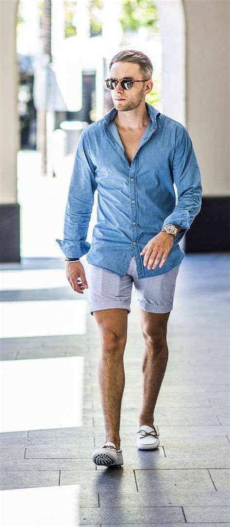 Summer Outfit Inspiration With A Blue Denim Shirt White Shorts No Show