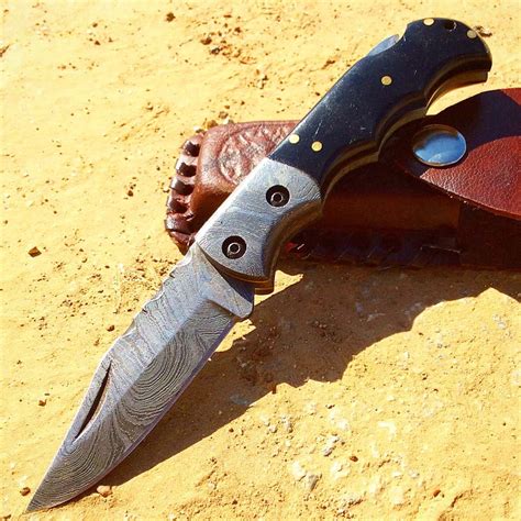 Theboneedge 65 Damascus Blade Folding Knife Black Handle With Leather