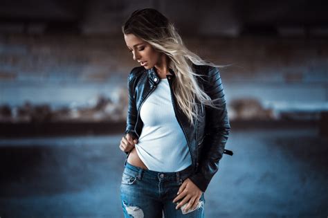 Wallpaper Women Anatoli Oskin Blonde Open Mouth Leather Jackets Bodysuit Torn Jeans