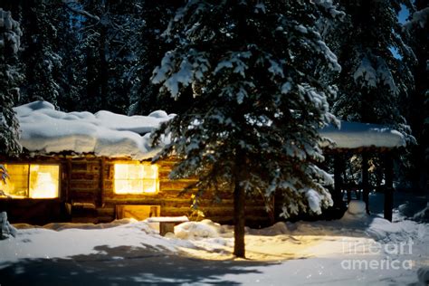 Cozy Log Cabin At Moon Lit Winter Night Photograph By