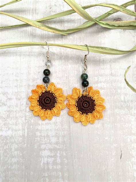 Crochet Sunflower Earrings Sunflower Jewelry Floral Dangle Etsy