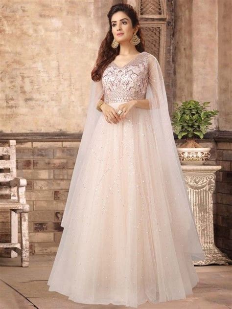 Powder Pink Net Floor Length Gown Designer Women Gown For Wedding