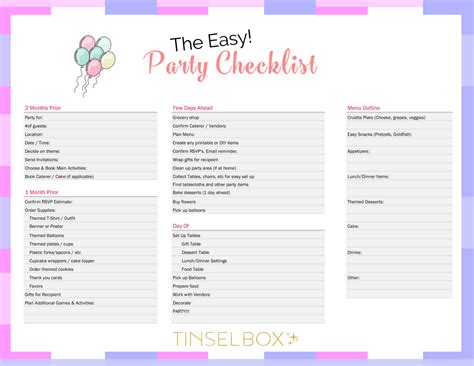 Therefore you& furnished with a plenty of spreadsheets which make your occupation amazingly straightforward. The EASY Party Planner Checklist - TINSELBOX
