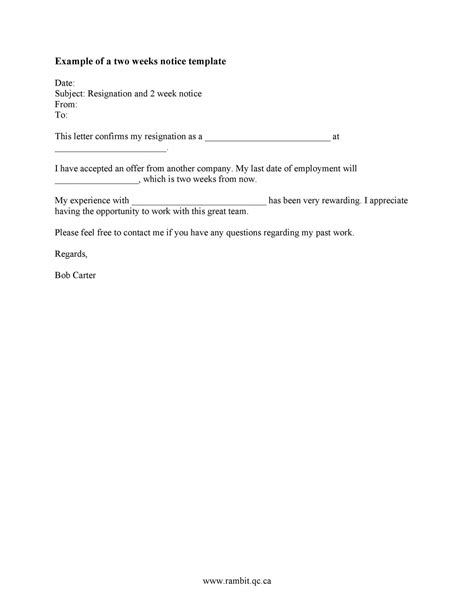 Best Two Weeks Notice Email Template Word Example In 2021 Letter