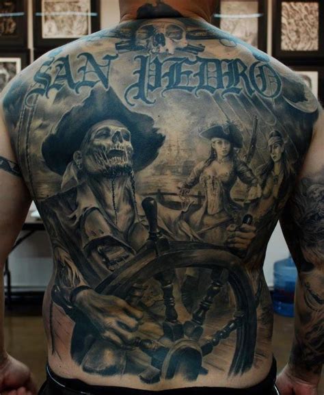 Pirate skull tattoo by alex noir pirate skeleton pirate art pirate life pirate skull tattoos black paper drawing skull pictures art. Cool pirate skeleton at the helm tattoo on back ...