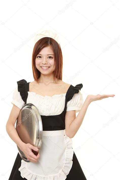Young Japanese Woman Wearing French Maid Costume With Tray — Stock