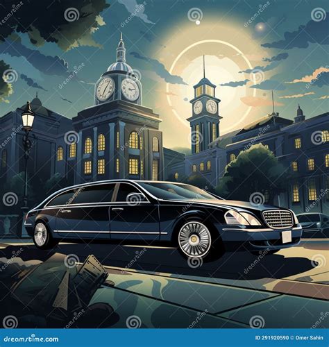 Luxurious Limousine Parked in Front of Grand Clock Tower Stock Photo