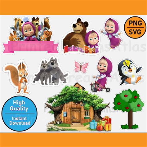 Instant Download Masha And The Bear Clipart Cake Topper Printable Party Decorations Birthday