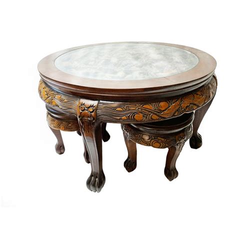 Black lacquer coffee table w/ four stools. Large Vintage Oriental Intricately Carved Solid Wooden Low ...