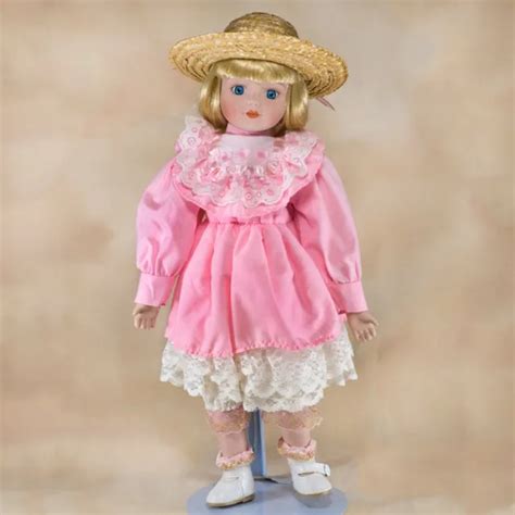 Collectors Porcelain Girl Doll 15 Pink Lacy Dress Short Blond Hair Blue Eyes 1299 Picclick