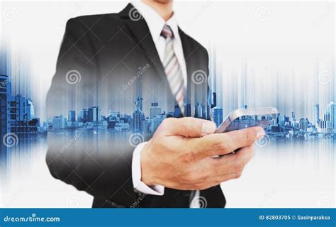 Double Exposure Businessman Using Smartphone With Panoramic City
