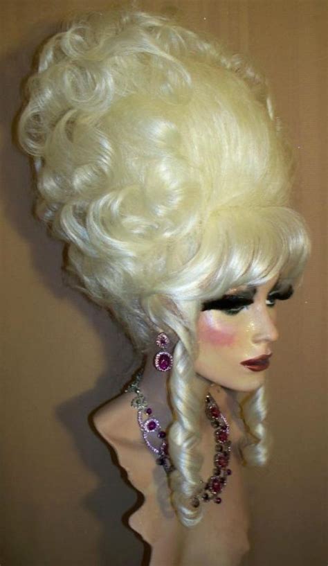 Drag Queen Wig Teased Big White Platinum Blonde Up Do French Twist