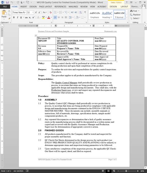 Quality Control For Finished Goods Procedure Template Word