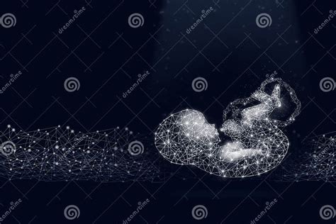 Baby Fetus Hologram On Dark Blue Background Concept Of Pregnancy