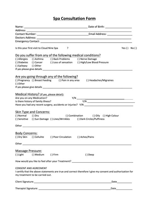 spa consultation form printable pdf download