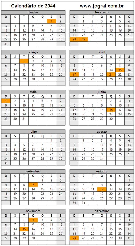 Calendário Do Ano 2044 Para Imprimir Em Formato Pdf E Imagem