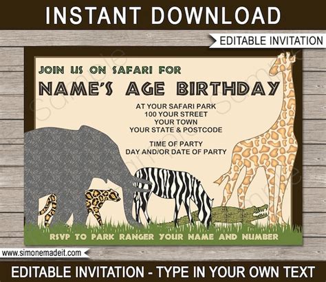 Safari Invitation Template Printable Animal Safari Theme Birthday
