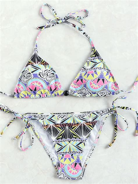 Multicolor Printed Side Tie Triangle Bikini Set Sheinsheinside