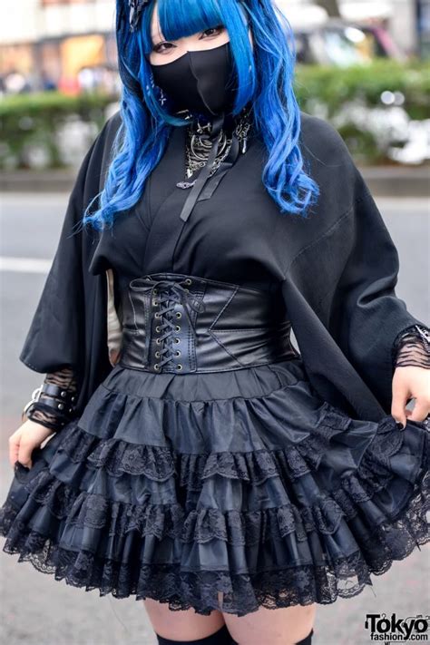blue hair and gothic japanese kimono sleeve fashion with bodyline and qooza in harajuku tokyo fashion
